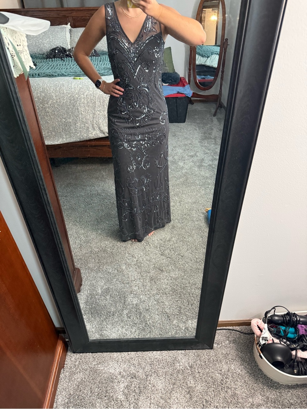 Elegant Gray Beaded V-Neck Evening Dress